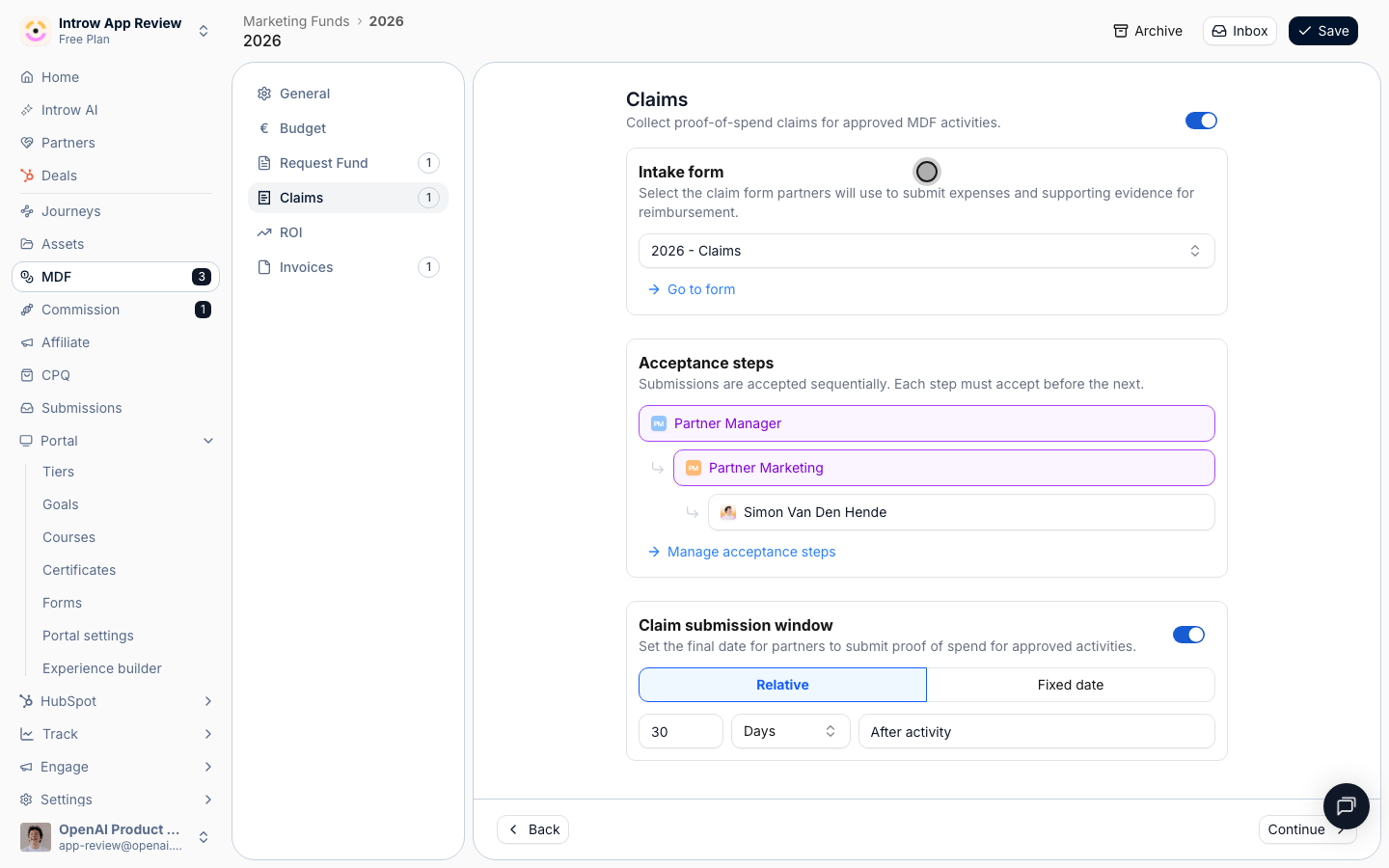 The claim form captures the amount and the proof of spend; Go to form opens the builder.