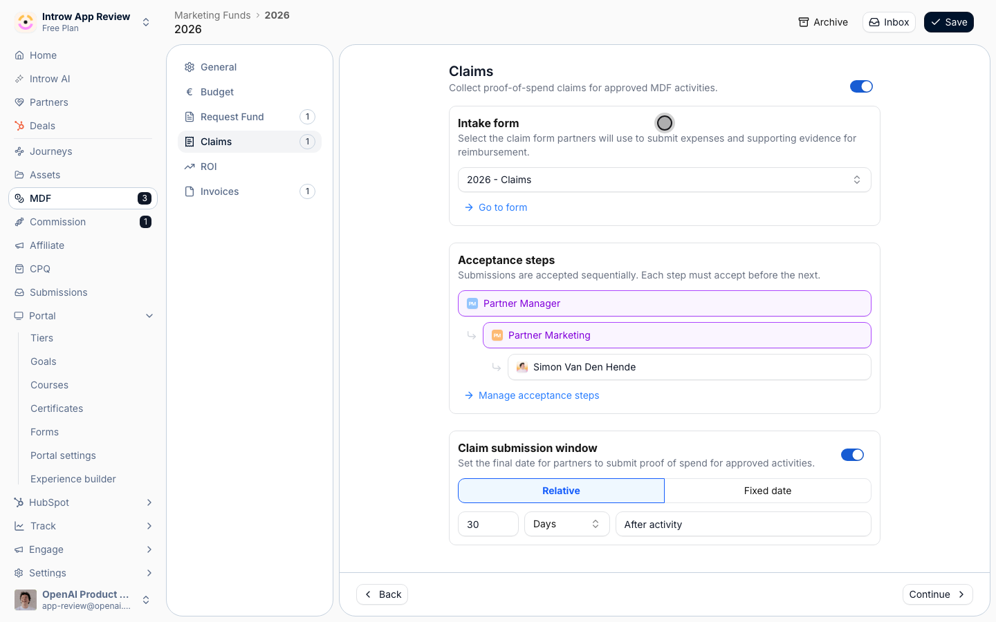 The claim form captures the amount and the proof of spend; Go to form opens the builder.