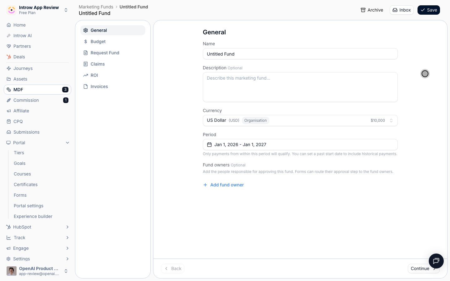 Creating the fund provisions its request, claim, ROI, and invoice forms and opens the editor.