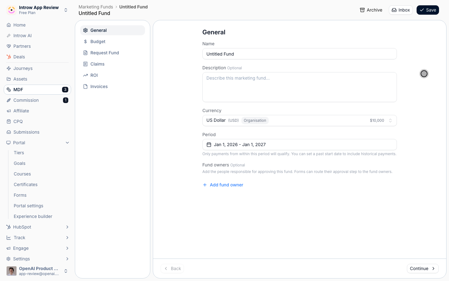 Creating the fund provisions its request, claim, ROI, and invoice forms and opens the editor.