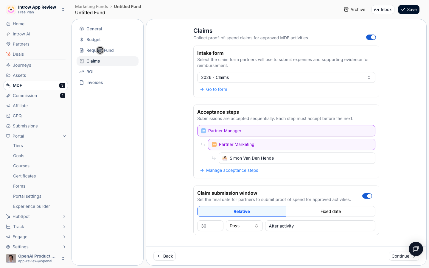Each step (Request, Claims, ROI, Invoices) carries a provisioned intake form, an enable switch, and a deadline.