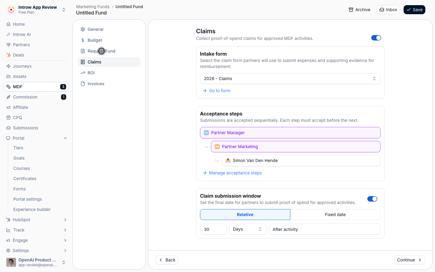 Each step (Request, Claims, ROI, Invoices) carries a provisioned intake form, an enable switch, and a deadline.