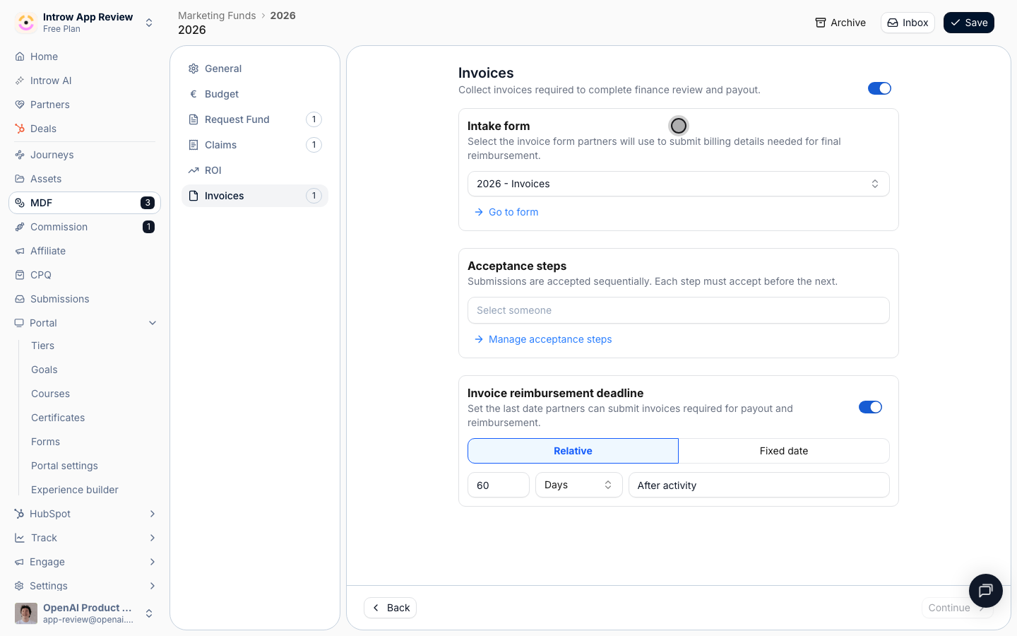 The invoice form captures billing details for reimbursement; Go to form opens the builder.