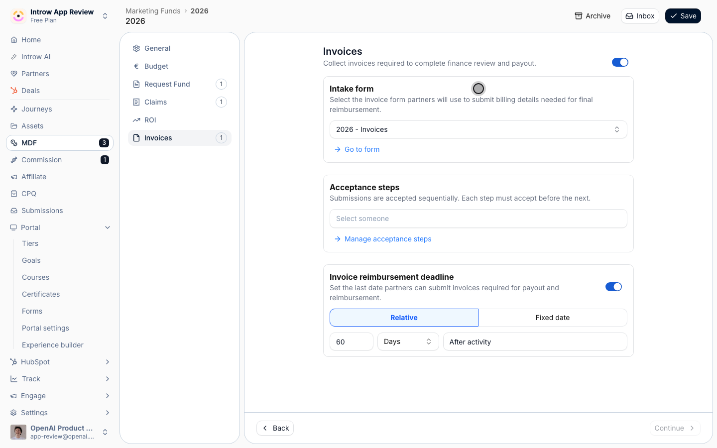 The invoice form captures billing details for reimbursement; Go to form opens the builder.