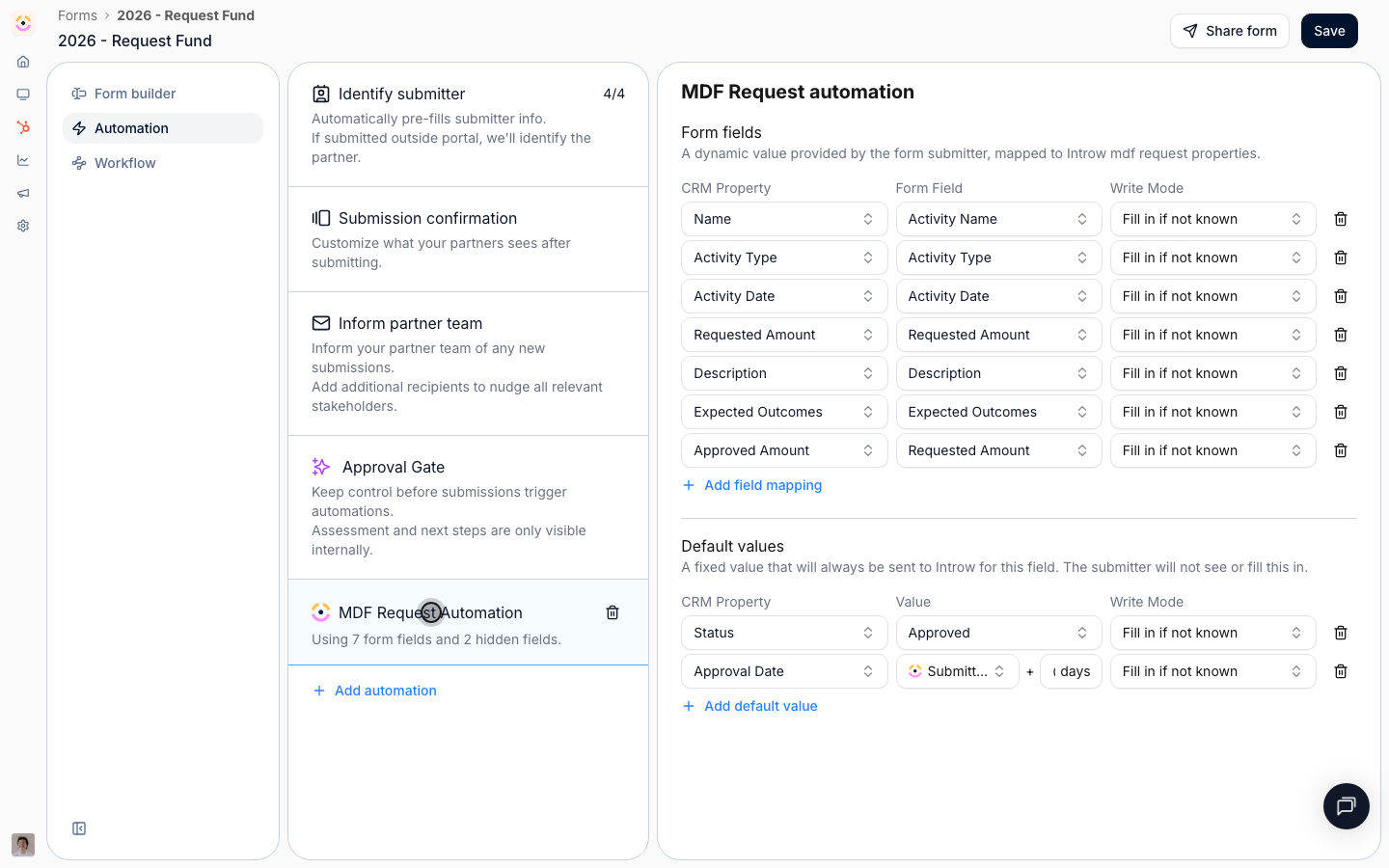 On submit, the automation maps each field to a CRM property and attributes the project to the partner - the same engine every Introw form runs on.