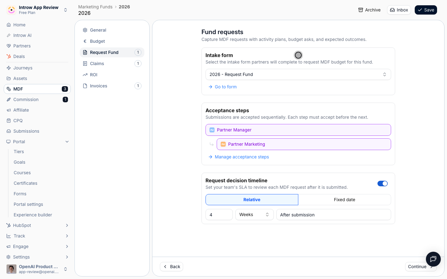 Each step carries a no-code intake form, provisioned with the fund; Go to form opens the builder to change fields or CRM automations.