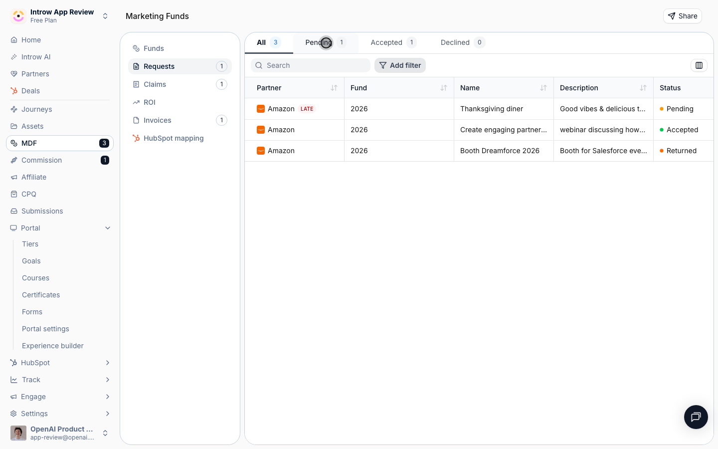 Requests land in one inbox: Pending shows what needs a decision. Open one to Accept, Decline, or Return, and the partner is notified.