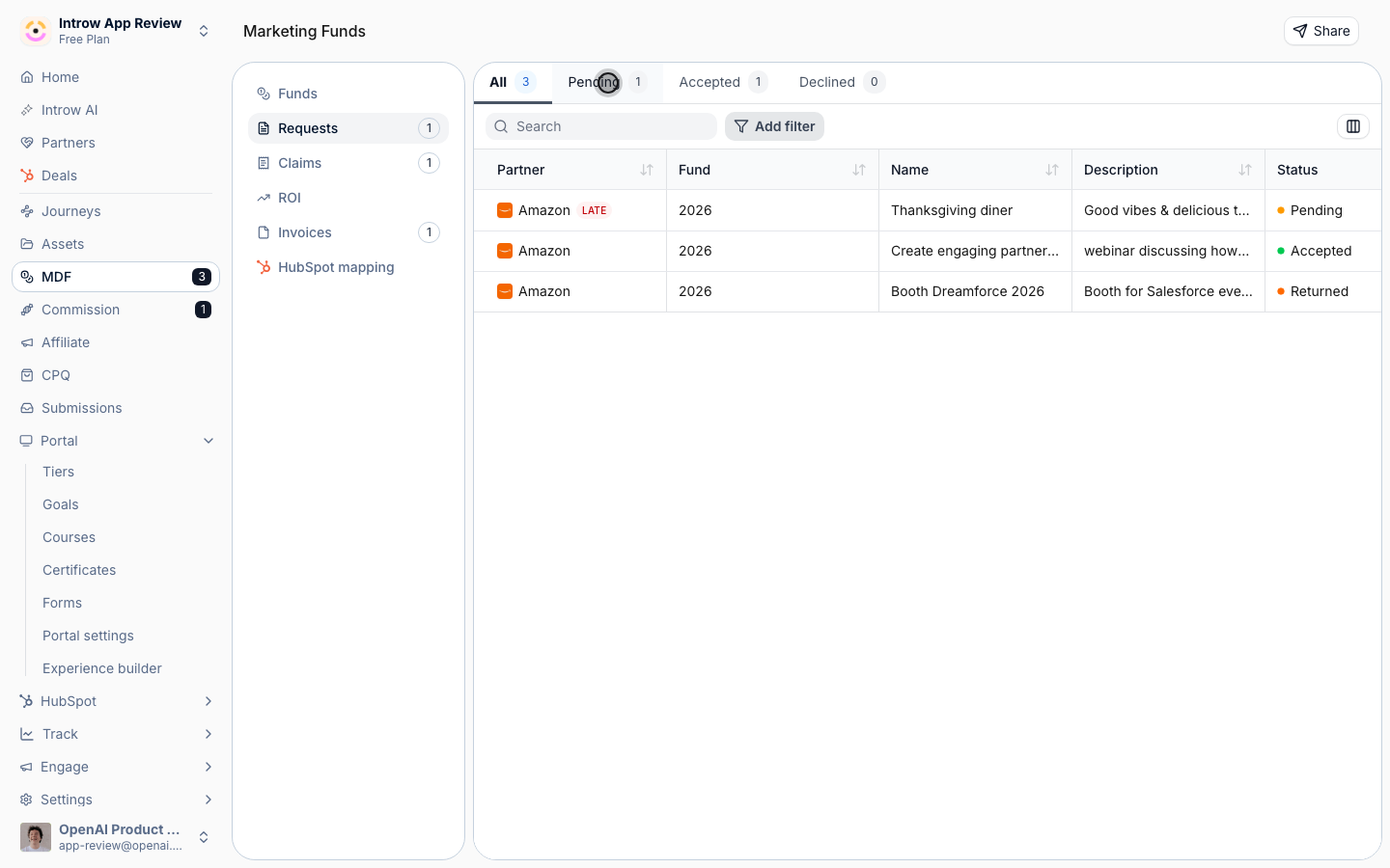 Requests land in one inbox: Pending shows what needs a decision. Open one to Accept, Decline, or Return, and the partner is notified.