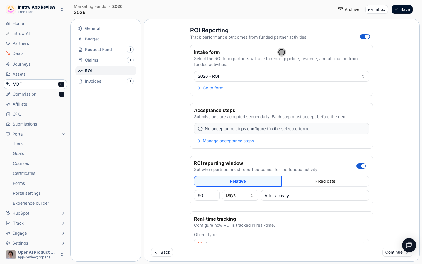 The ROI form captures the outcomes partners report; Go to form opens the builder.