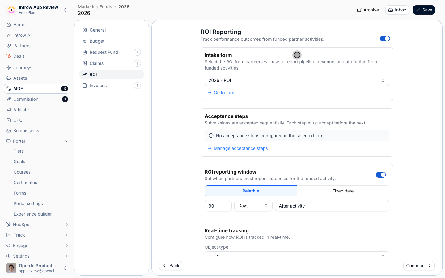 The ROI form captures the outcomes partners report; Go to form opens the builder.