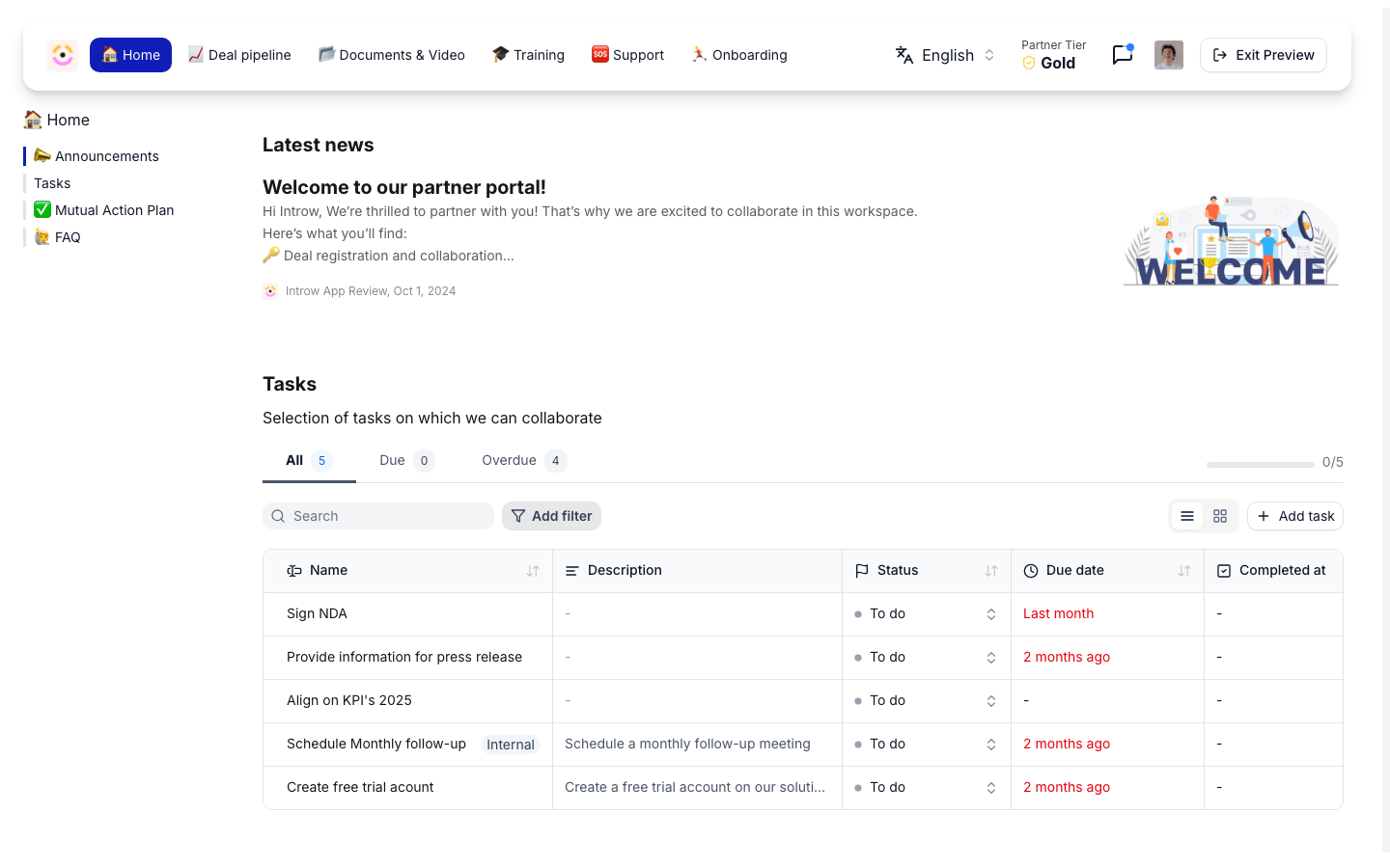 The partner portal as the partner sees it, with their tier, the latest news, and the tasks both sides collaborate on - the view the Introw card in their own CRM opens into.