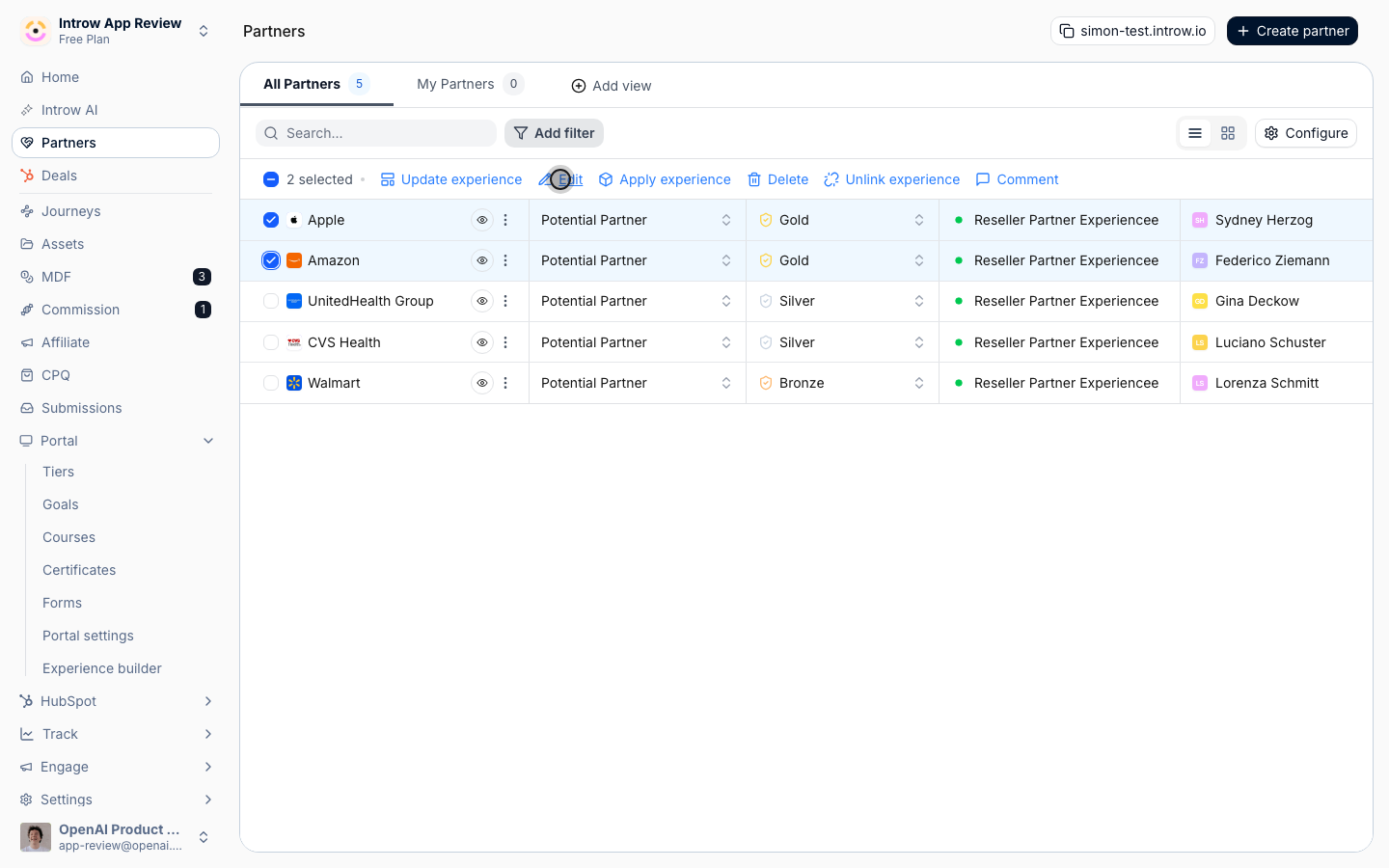Click **Edit** to change a property on every selected partner.