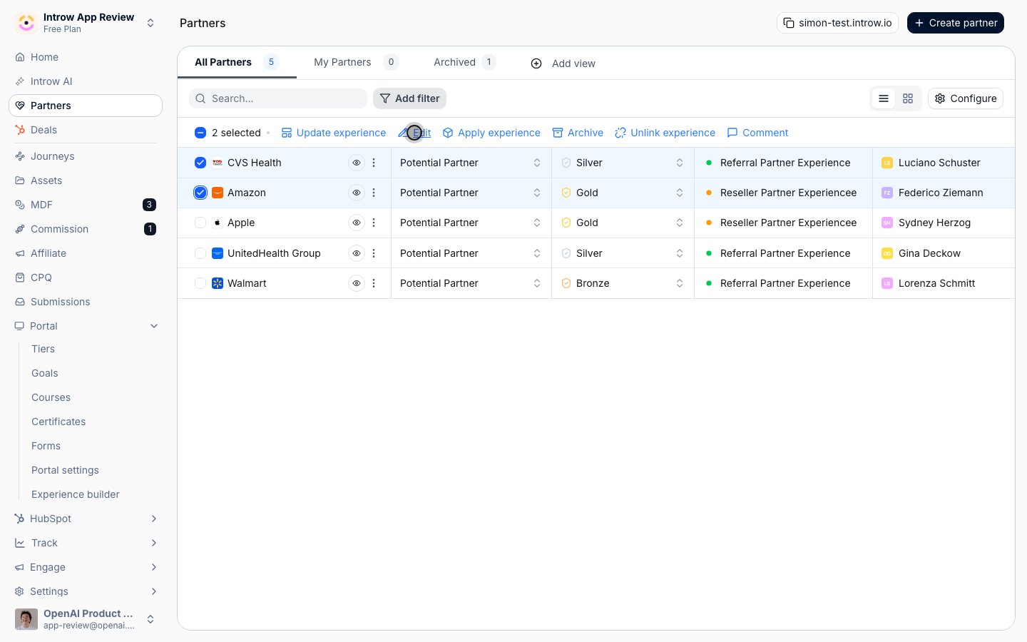Click **Edit** to change a property on every selected partner.