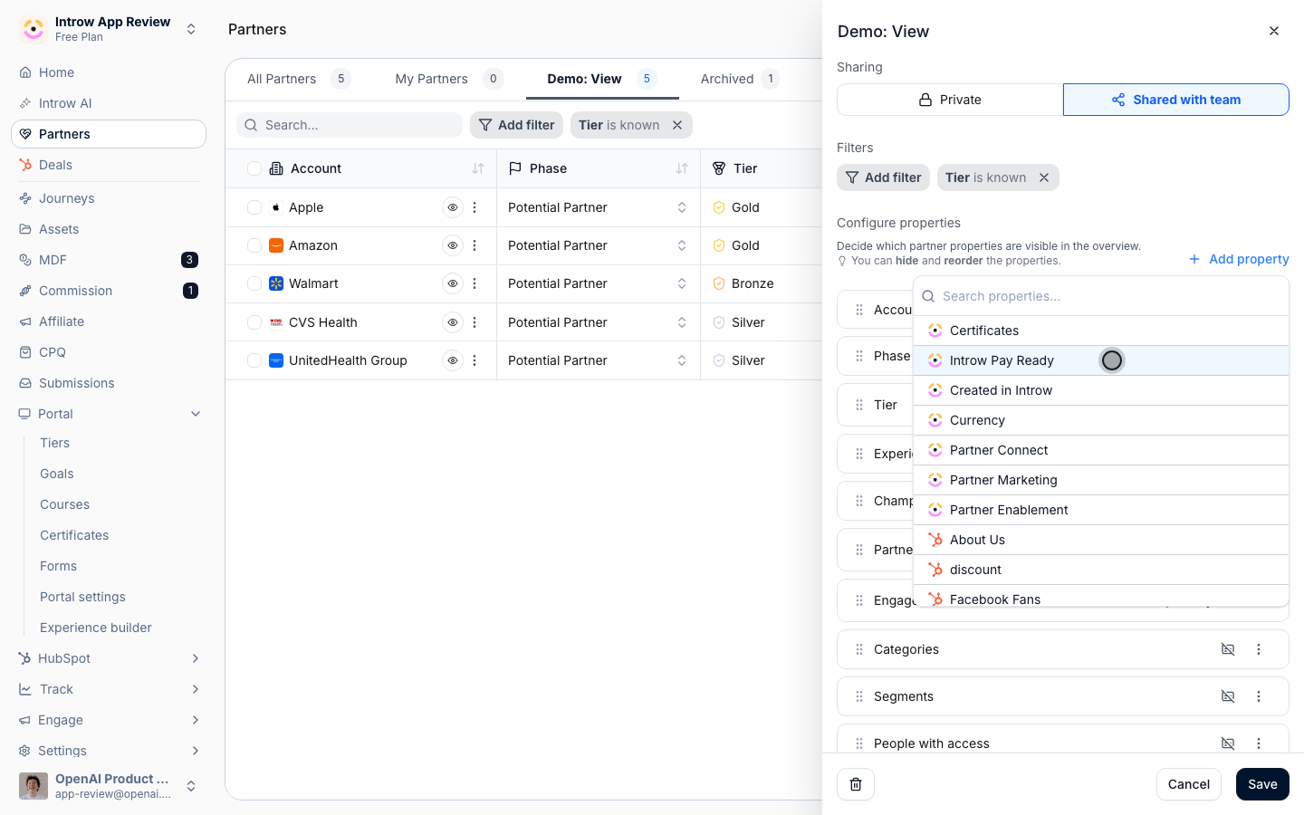The configure panel of a Partners list view with the Add property list open and Introw Pay Ready highlighted between Certificates and Created in Introw.