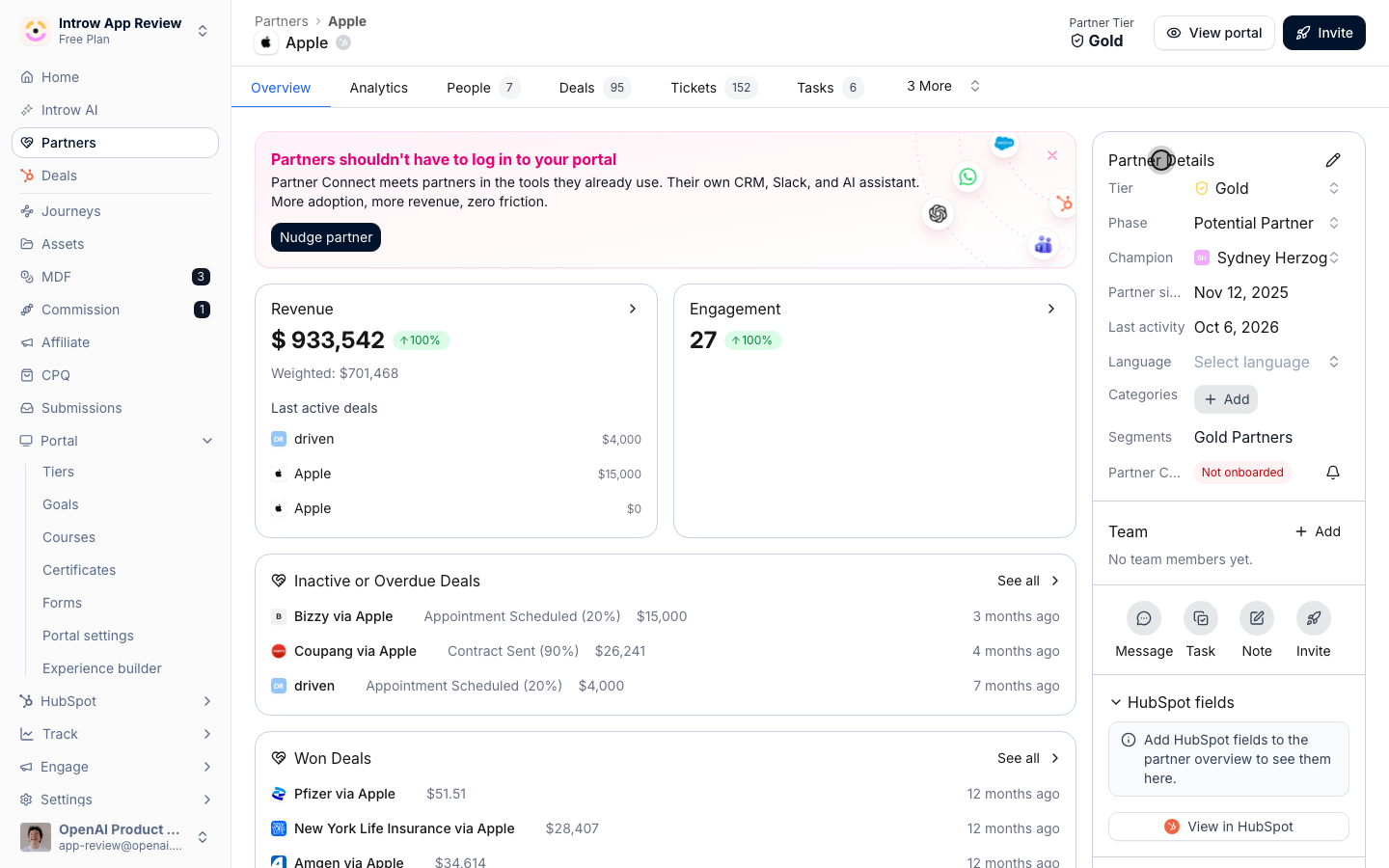 The Partner Details card holds tier, phase, champion, currency, and language: the fields that drive their experience.