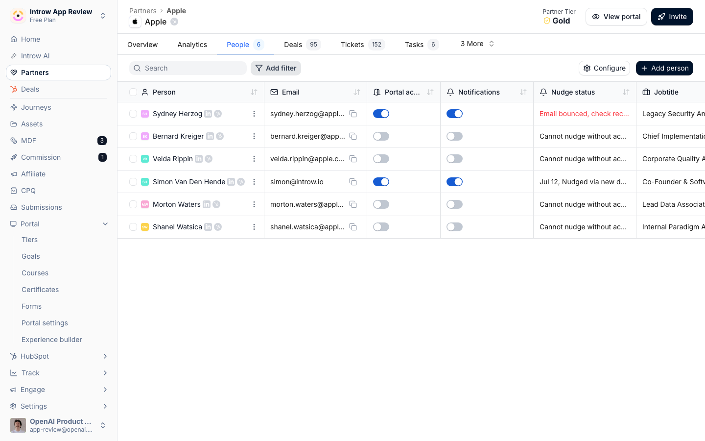 The People tab lists every contact who can get portal access and notifications.