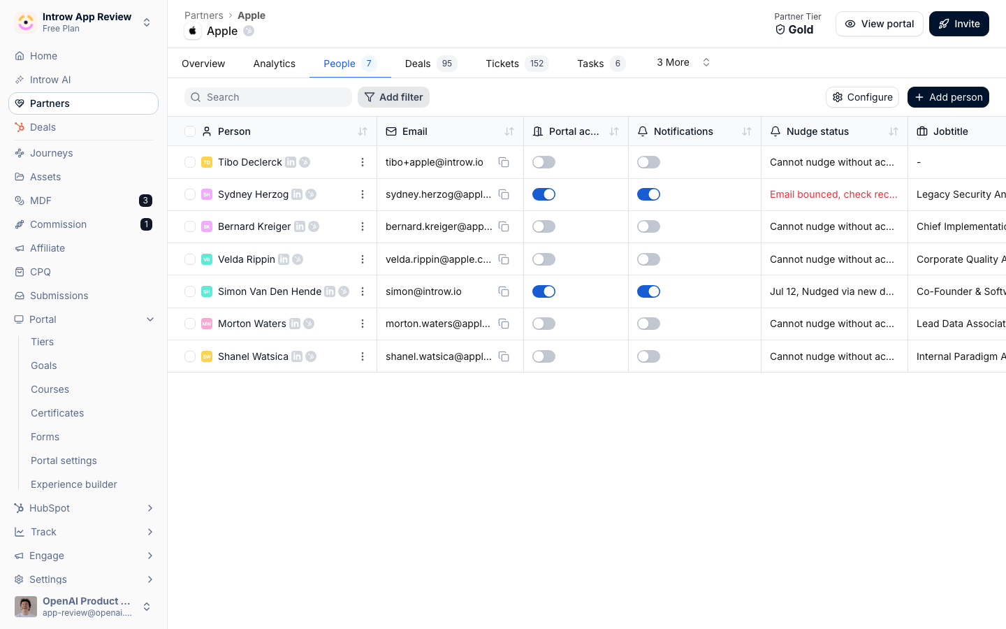 The People tab lists every contact who can get portal access and notifications.