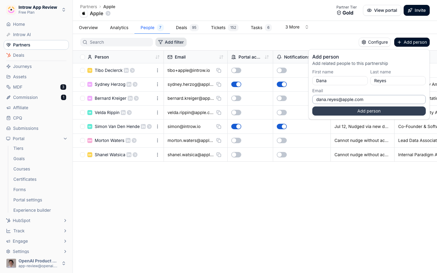 Add a person with their work email and an optional first and last name.