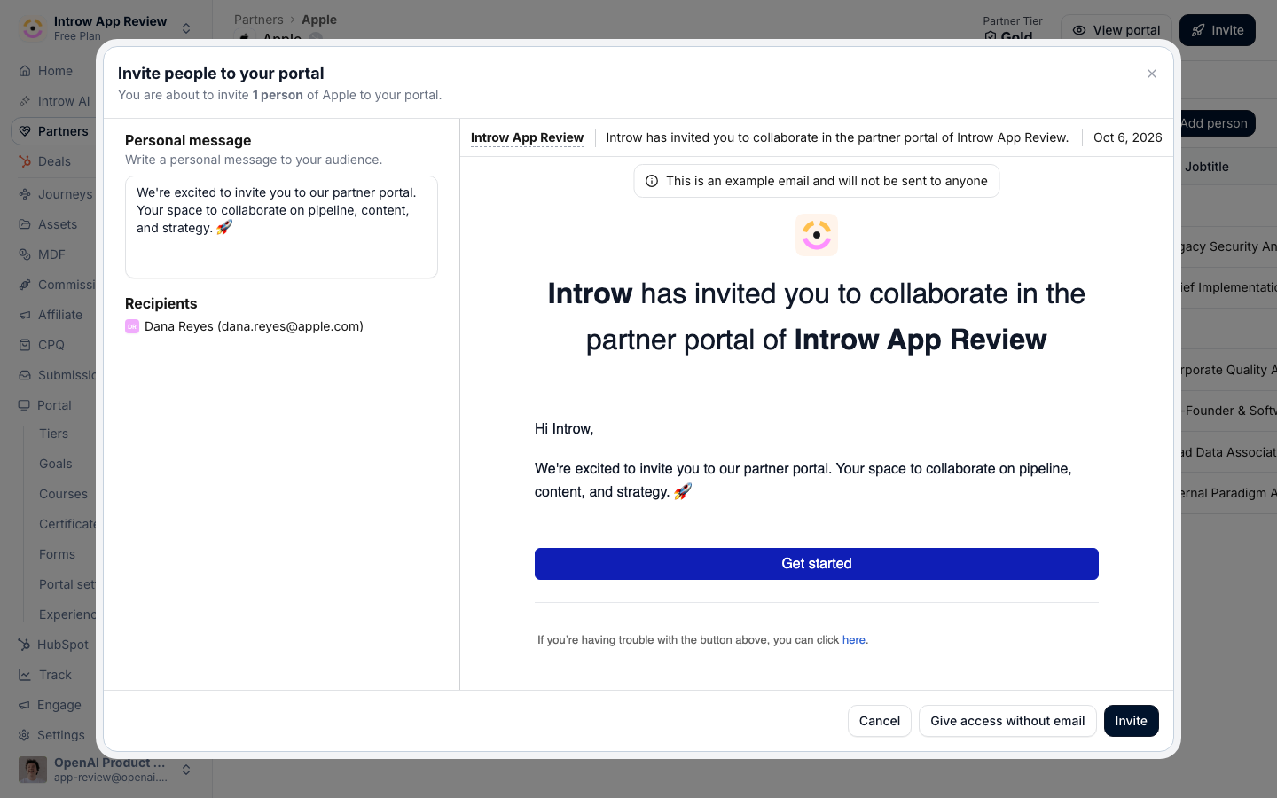 Adding someone opens the invite: Invite emails them, Give access without email grants access silently.
