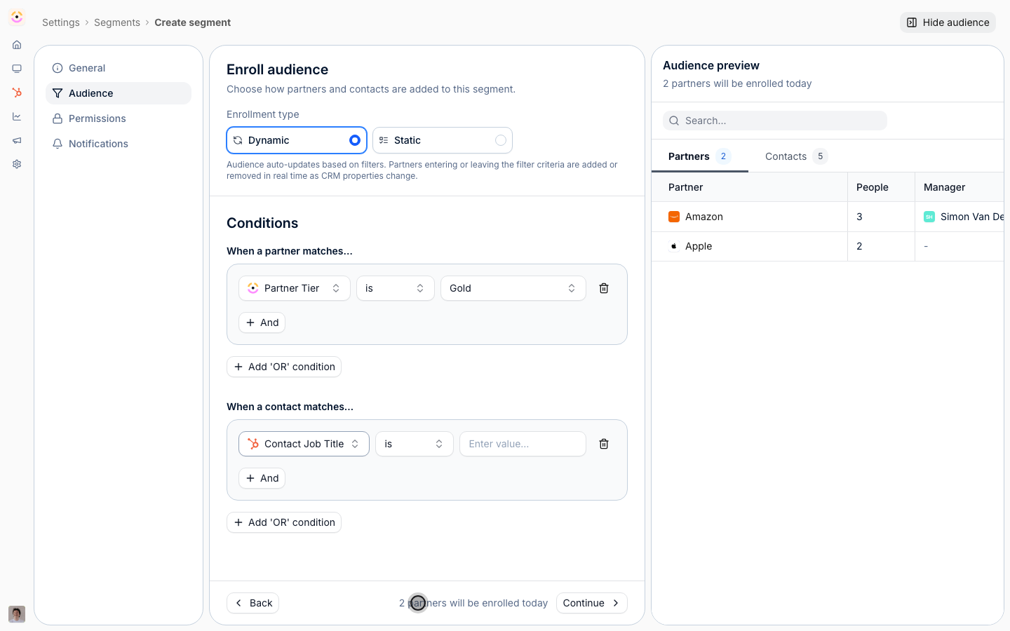 The preview reports who currently matches, with partner and contact counts, before you rely on it anywhere.