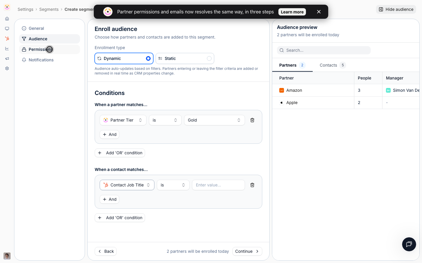 Permissions control how this segment's partners can act in the portal.