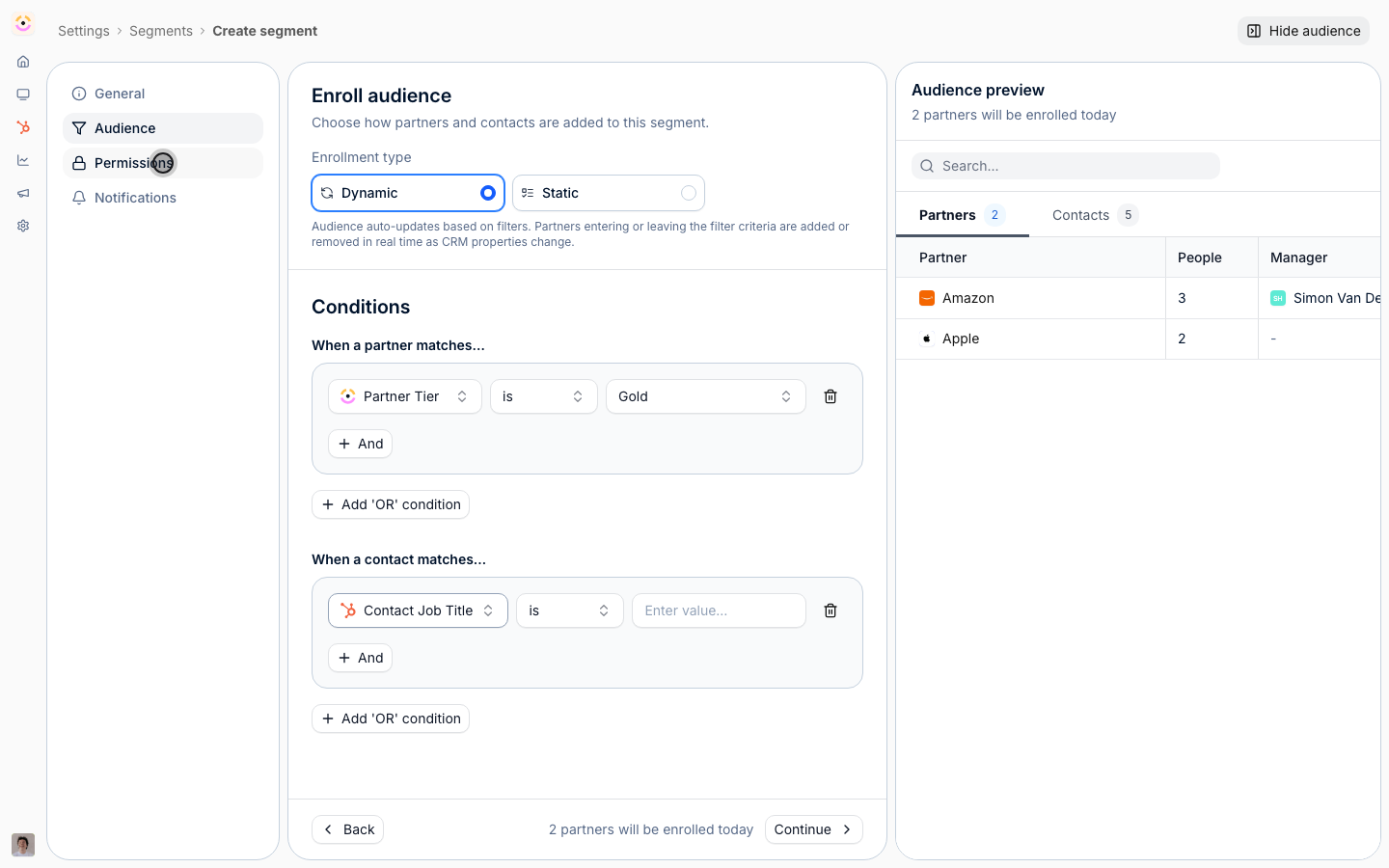Permissions control how this segment's partners can act in the portal.