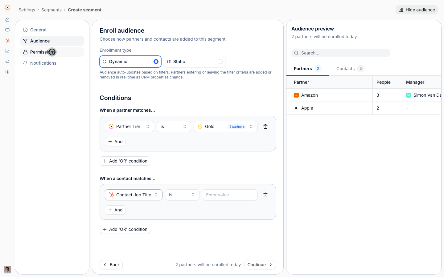 Permissions control how this segment's partners can act in the portal.