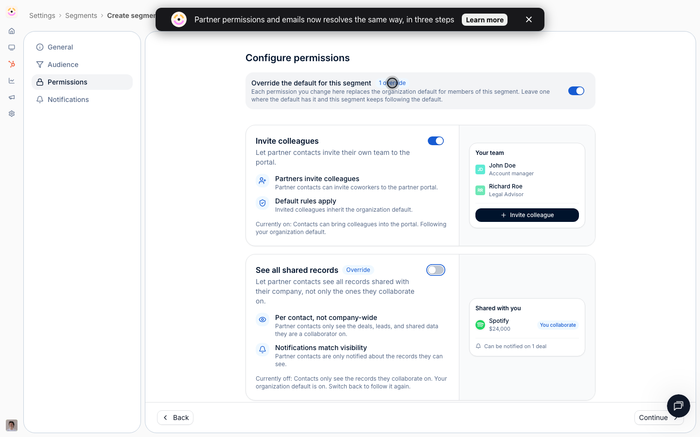 A segment's Permissions tab with the override switch on, one override counted, and the See all shared records card badged as an override