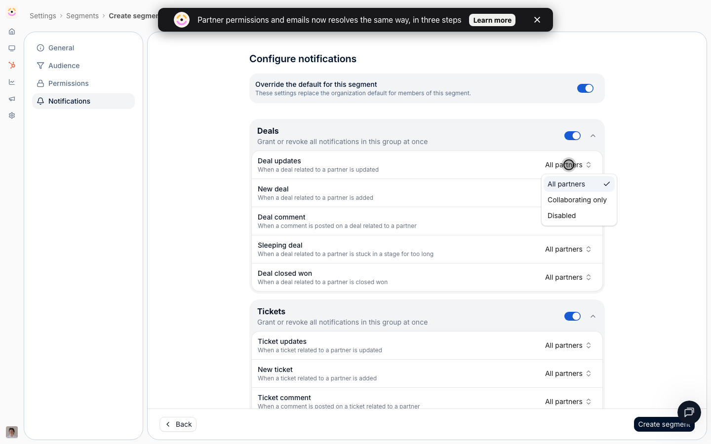 The Recipients picker open on a deal event, offering All partners, Collaborating only, and Disabled