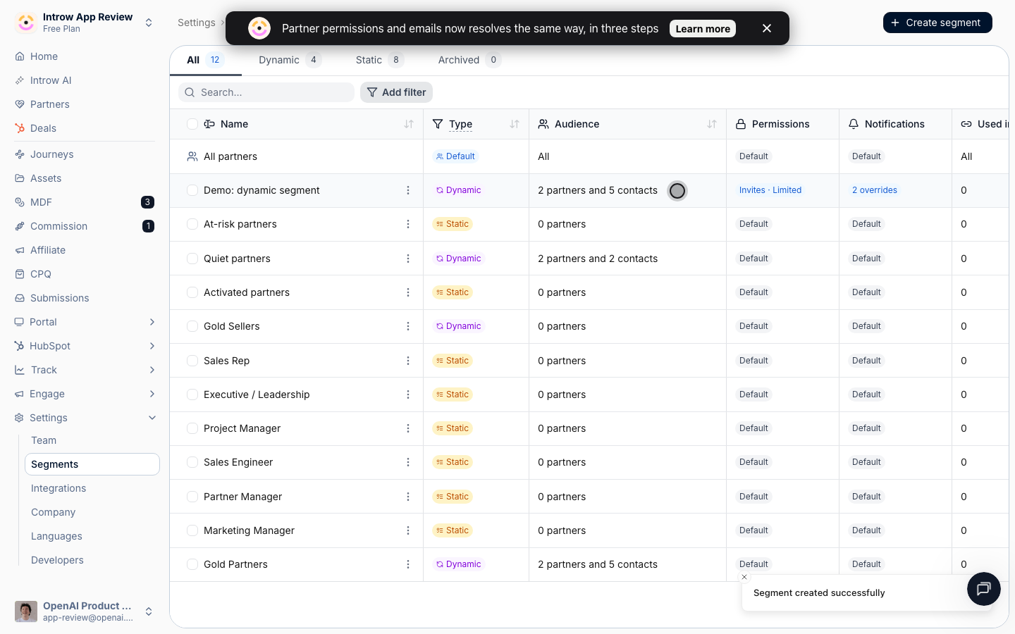 The segments list with Permissions and Notifications columns, one row showing a permissions diff tooltip and 2 overrides on notifications