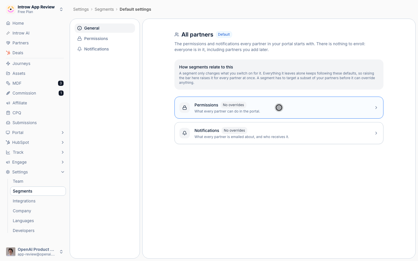 Default settings, General tab, with the Permissions and Notifications cards and their override counts