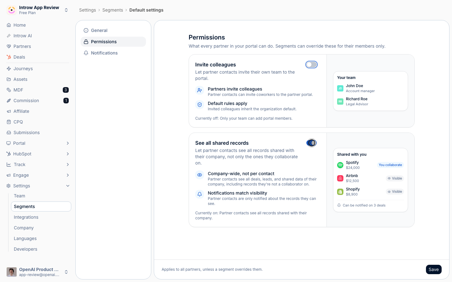 The default Permissions tab with both permission cards and their live partner-portal previews