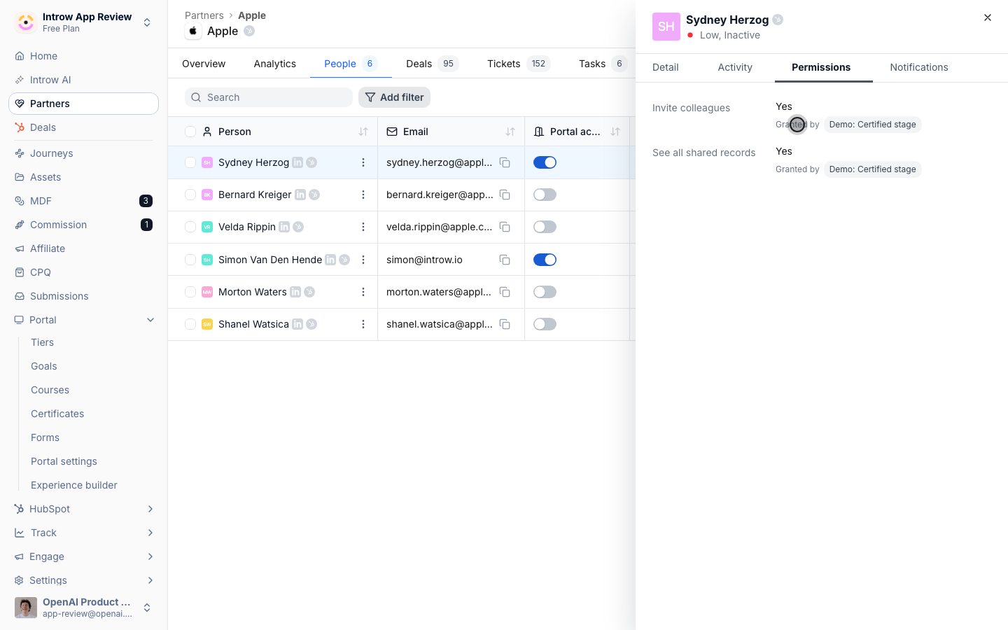A partner contact's Permissions tab showing both permissions granted by a named segment