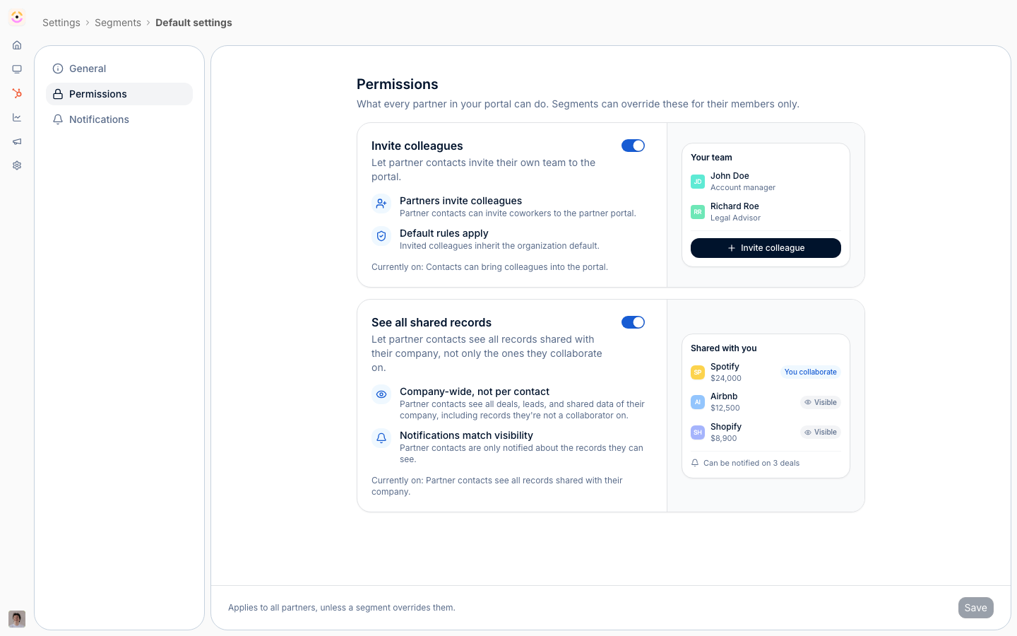 The default portal permissions every partner inherits - whether contacts may invite their own colleagues, and whether they see every record shared with their company - each with a live preview of the result, and each overridable per segment.