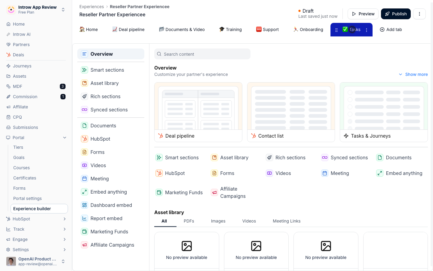 The Tasks smart section renders the partner's action plan.