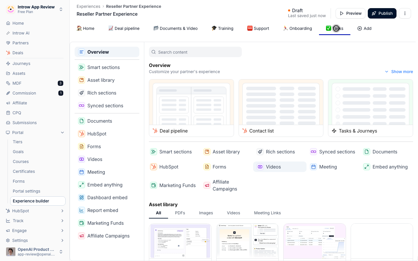 The Tasks smart section renders the partner's action plan.