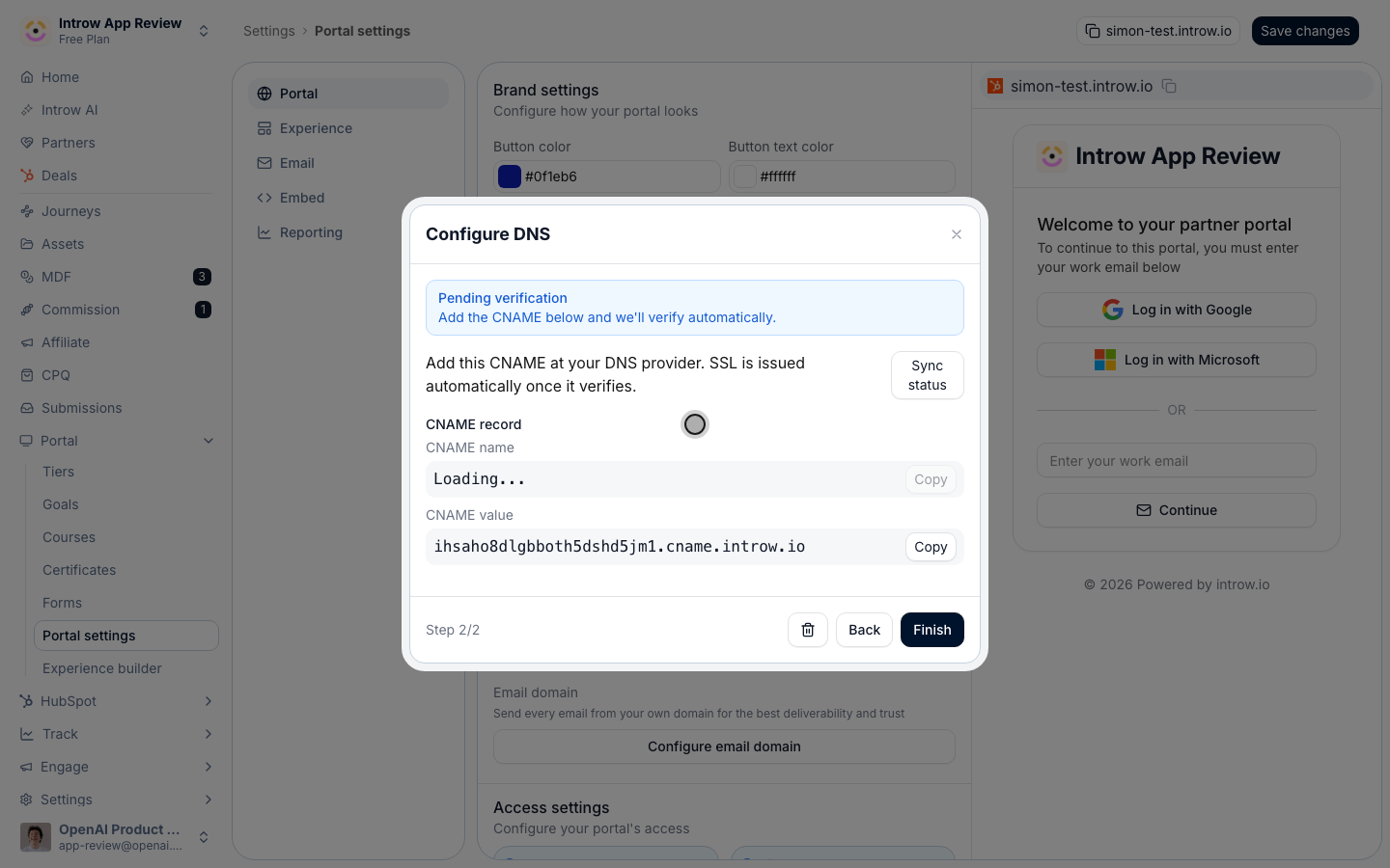 Copy the CNAME name and CNAME value into your DNS provider. There is no TXT record and no token to keep in sync.