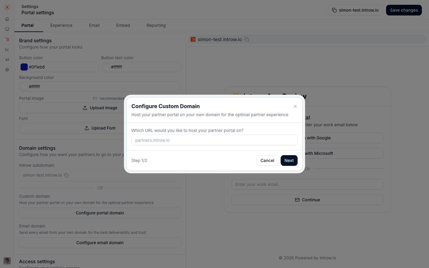 The portal domain configuration, where the default introw.io address is replaced with a domain of your own.