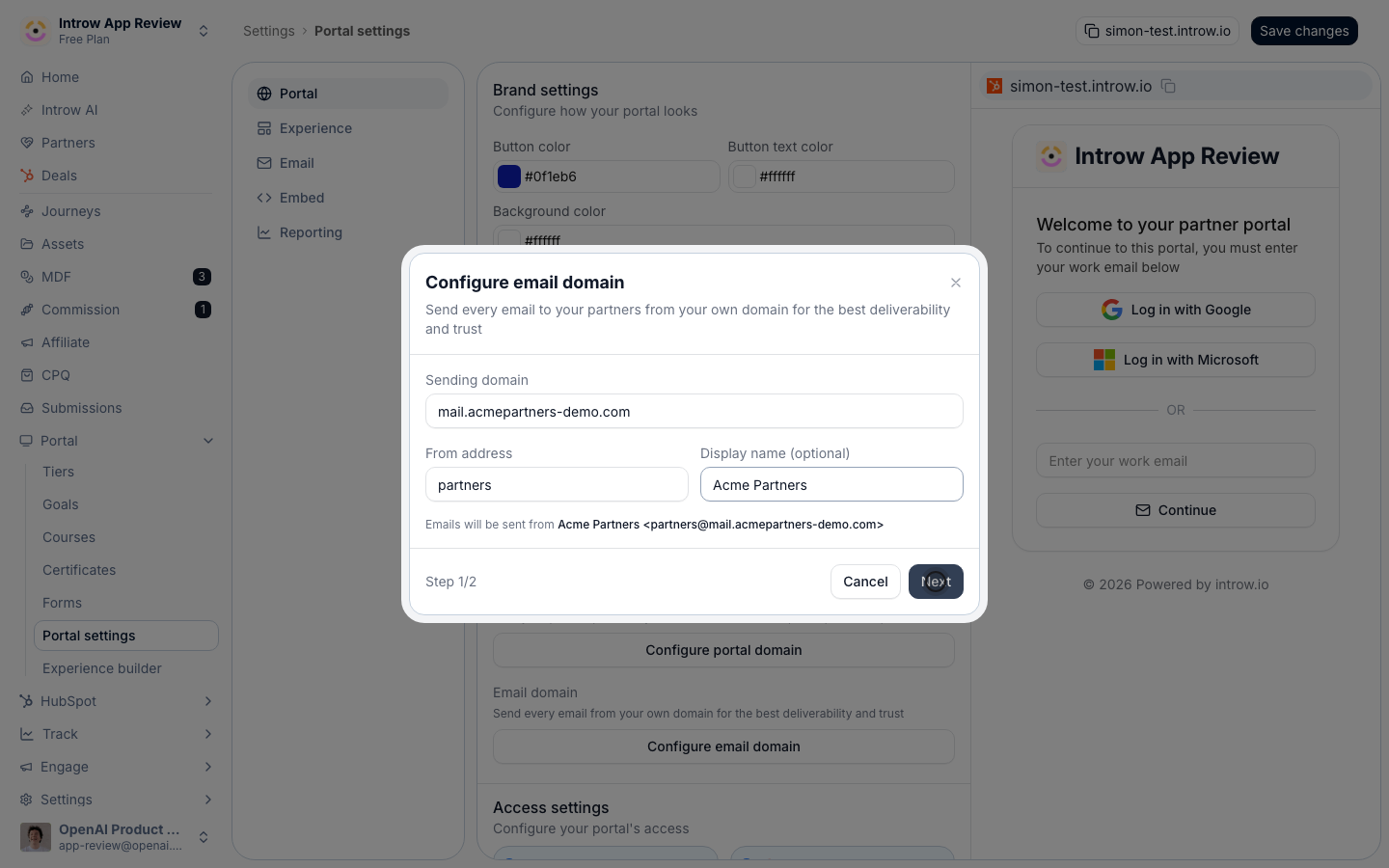 The Configure email domain dialog with the sending domain, from address and display name filled in, ready to continue to the DNS records.