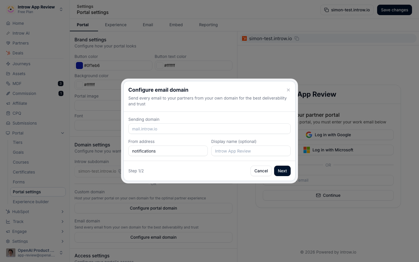 The email domain configuration, where partner notifications are sent from your own sending domain instead of Introw's.