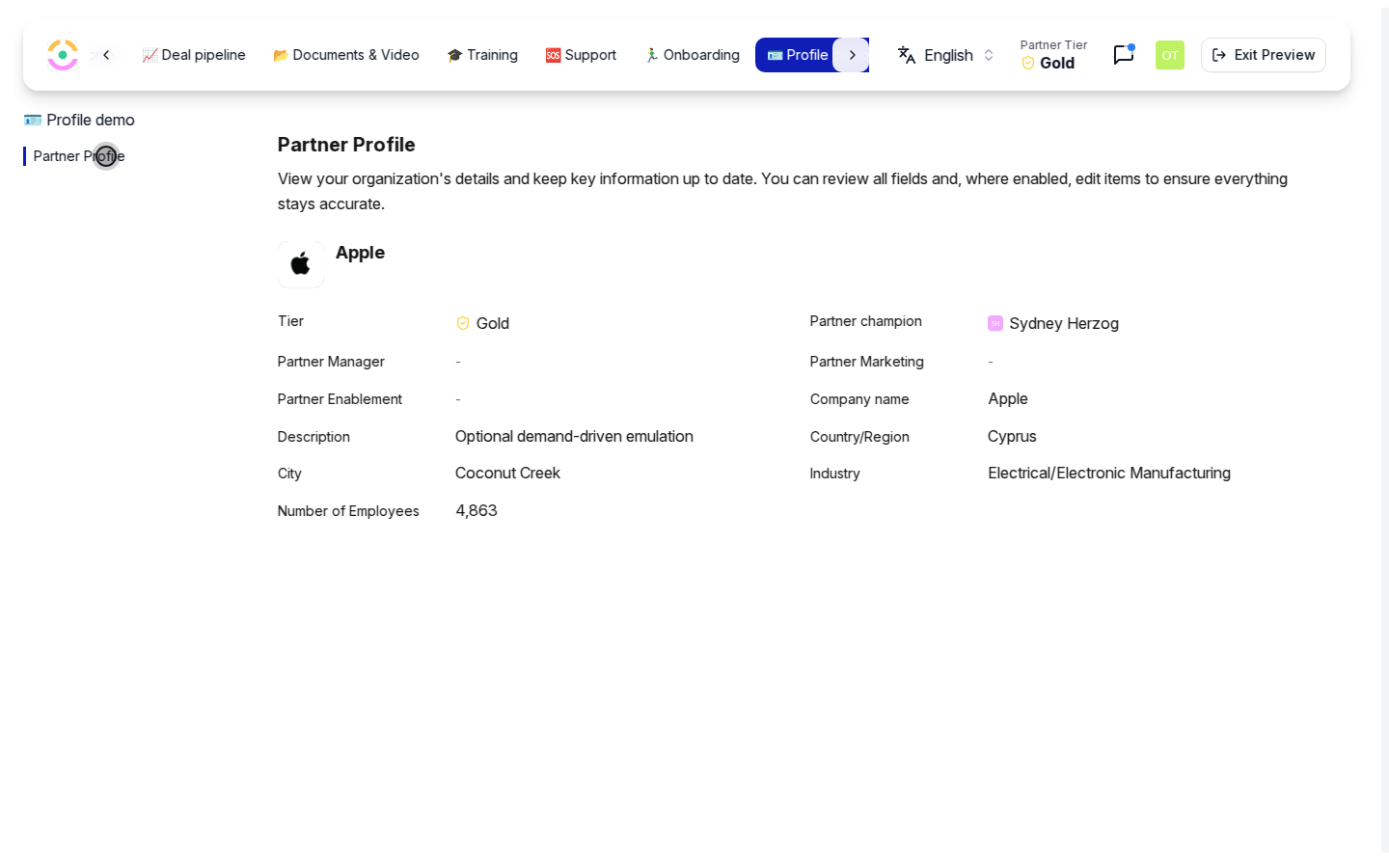 The profile is personalized for the partner
