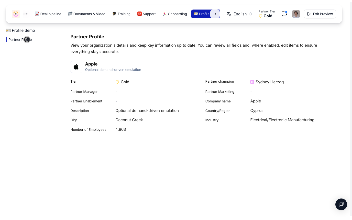 The profile is personalized for the partner