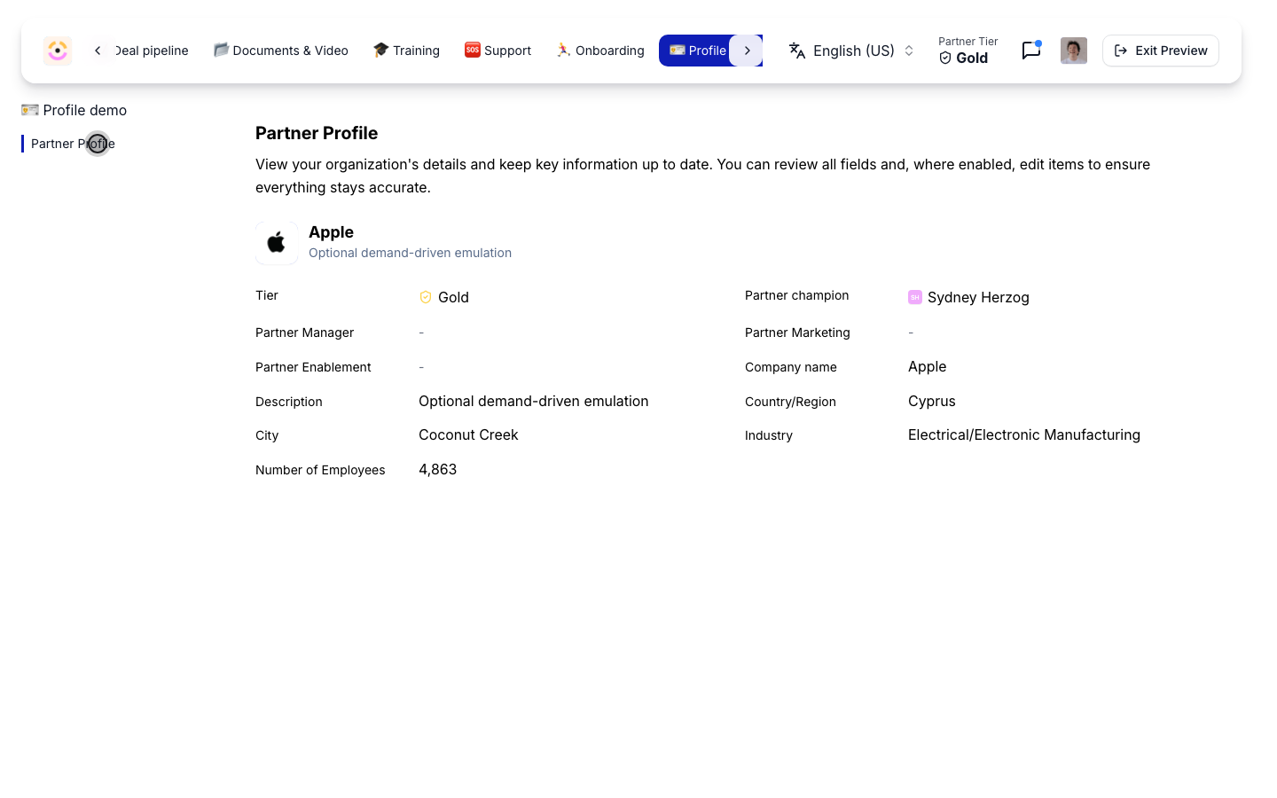 The profile is personalized for the partner