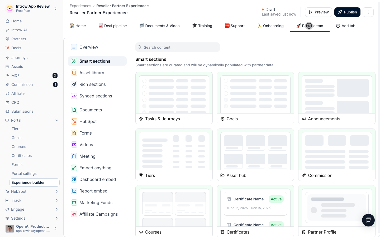 Smart sections render each partner's own data: Tasks, Goals, Tiers, Commission, and more.