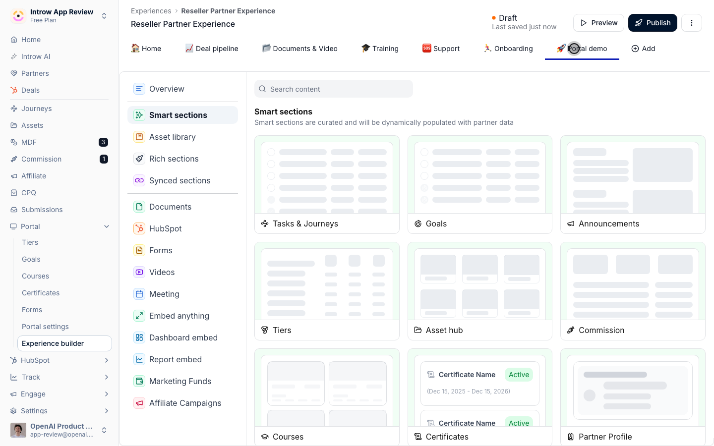 Smart sections render each partner's own data: Tasks, Goals, Tiers, Commission, and more.