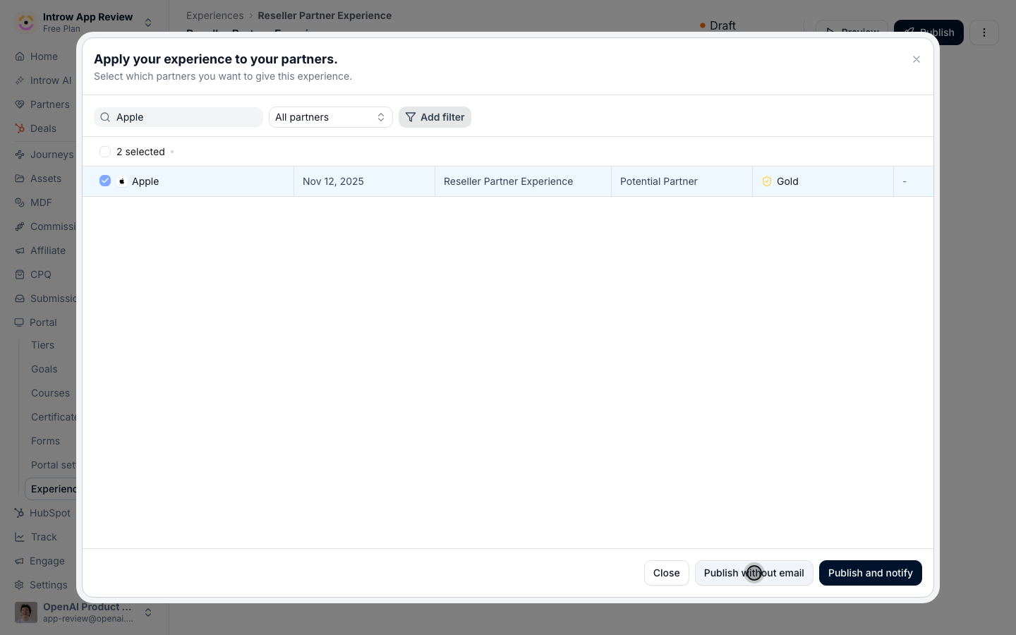 Publish so the partner's live portal updates (no email sent).