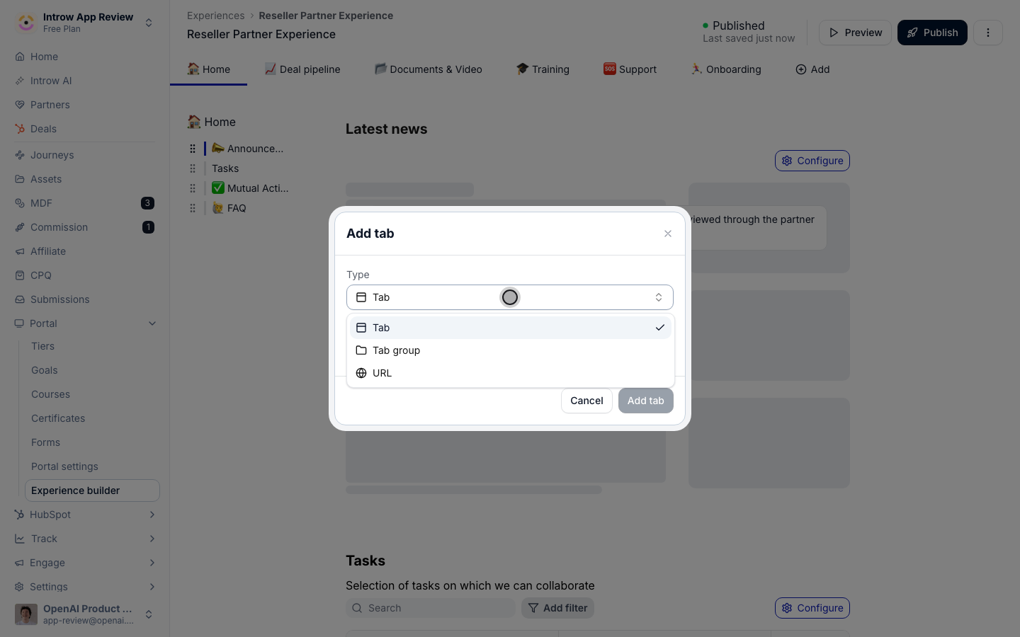The Add dialog with its Type picker open: Tab, Tab group and URL.