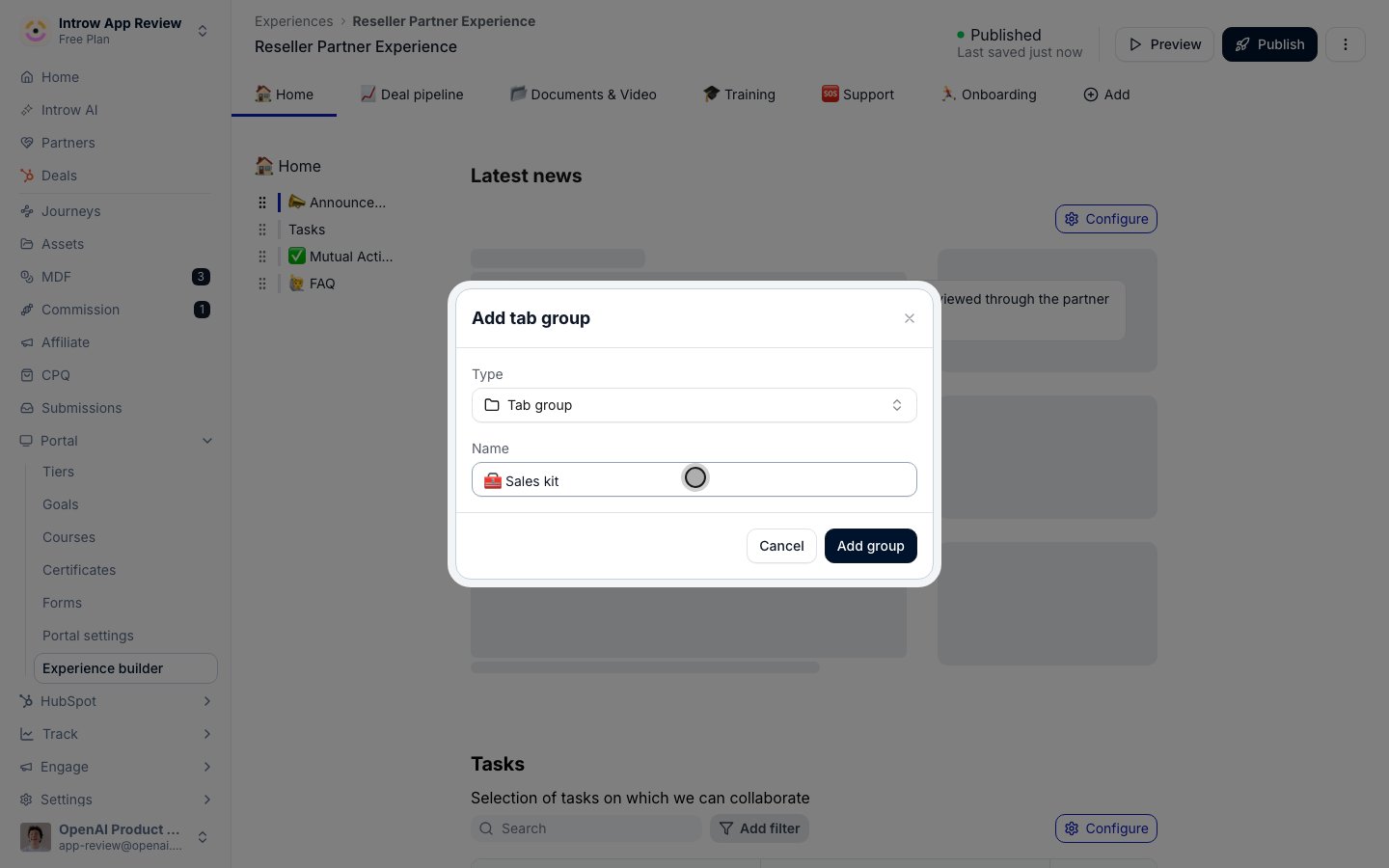 The Add tab group dialog with the group named Sales kit and the Add group button.