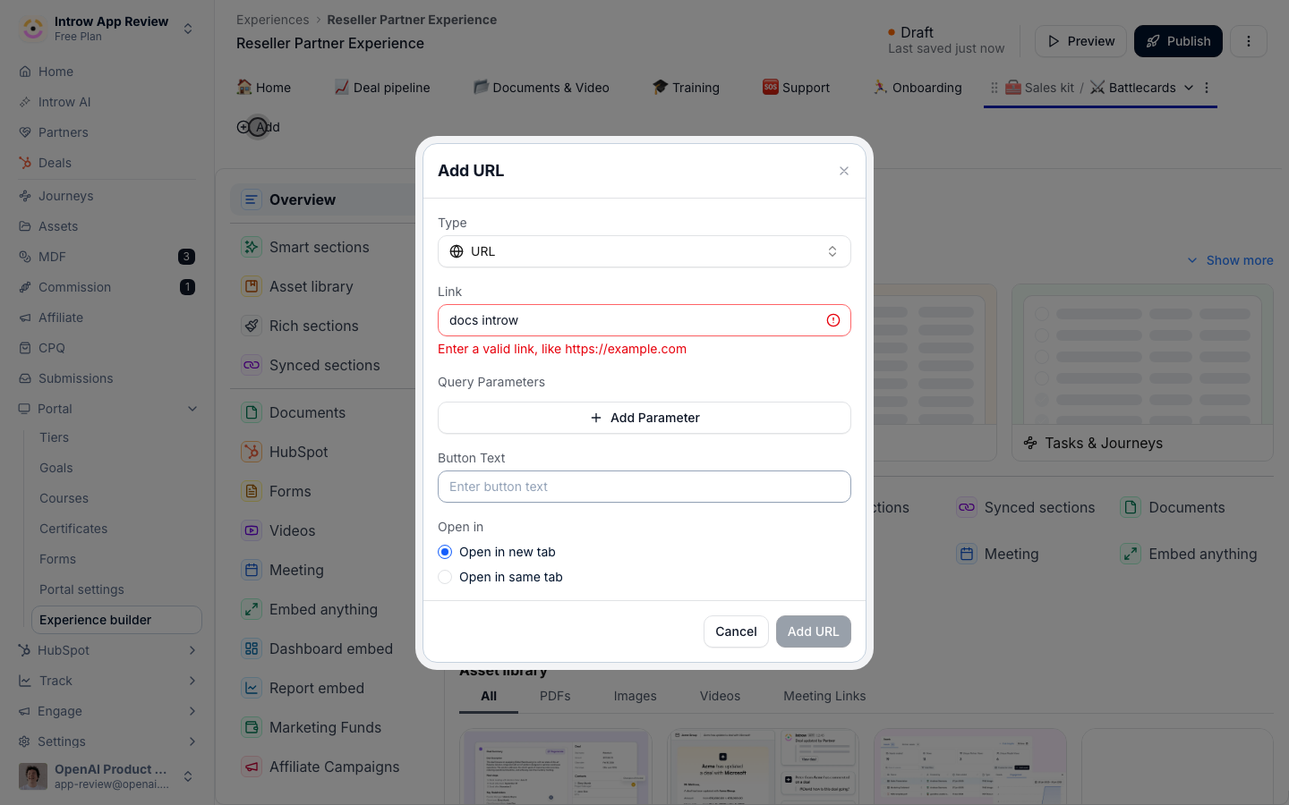The Add URL dialog showing Enter a valid link, like https://example.com under a link with a space in it, with Add URL greyed out.