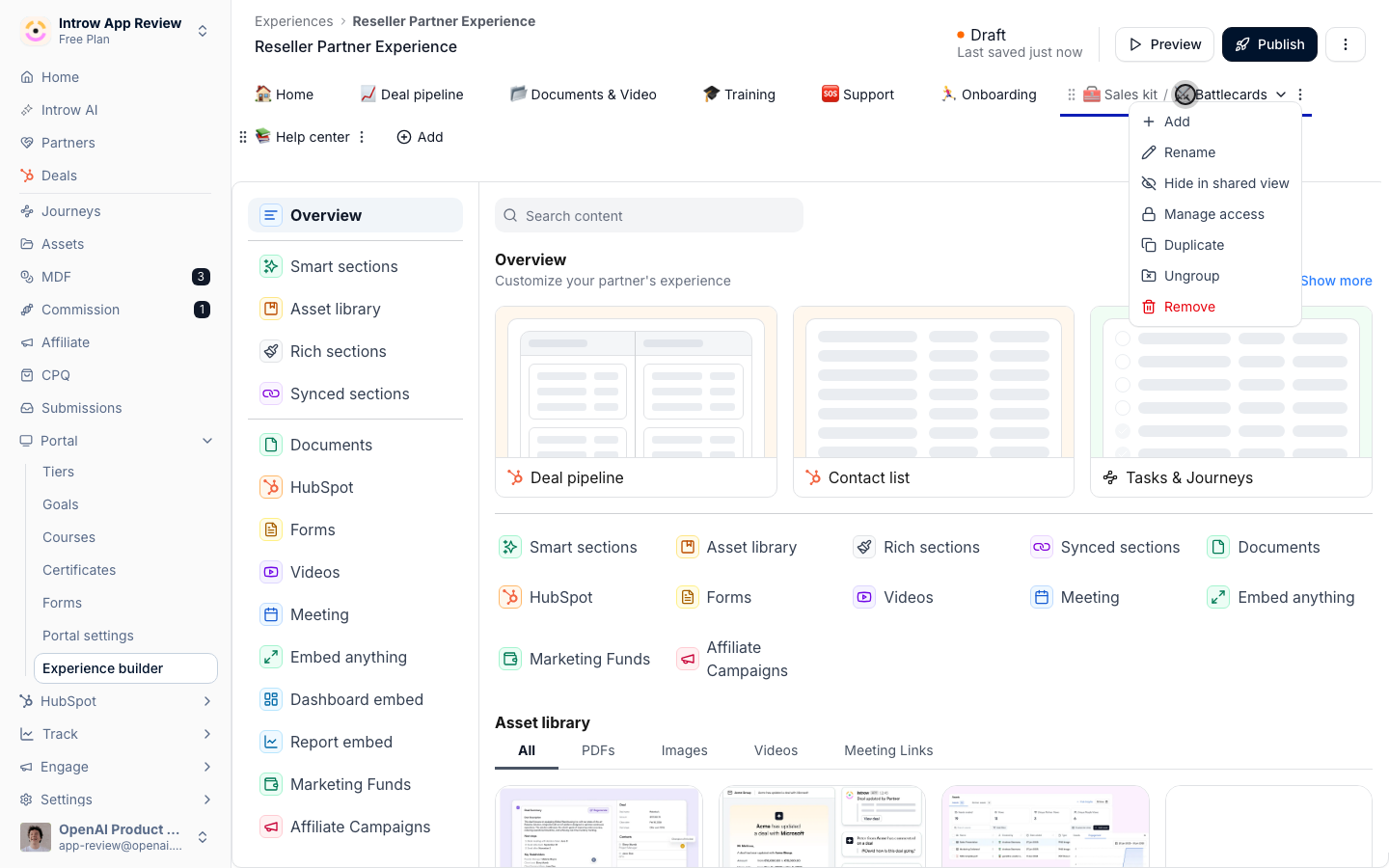 The group's menu: Add, Rename, Hide in shared view, Manage access, Duplicate, Ungroup and Remove.